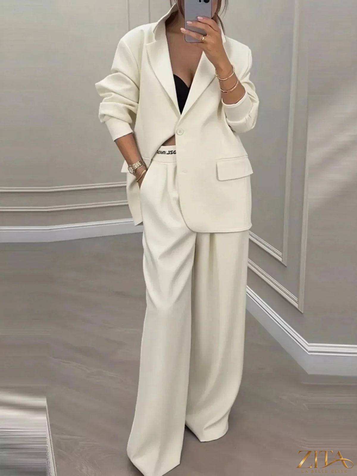 Zita La Belle Elite plus size blazer and wide-leg pants set, full size, with a single-button blazer and flowing wide-leg trousers.