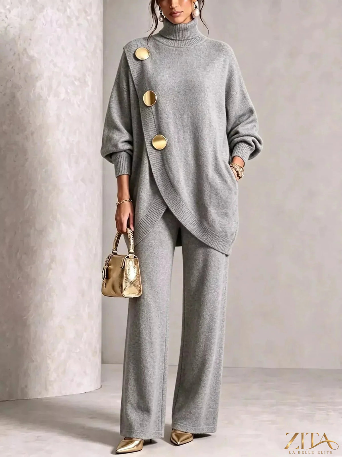 Gold button accent turtleneck sweater and pants set by Trendsi, featuring a stylish coordinated outfit with gold accents.