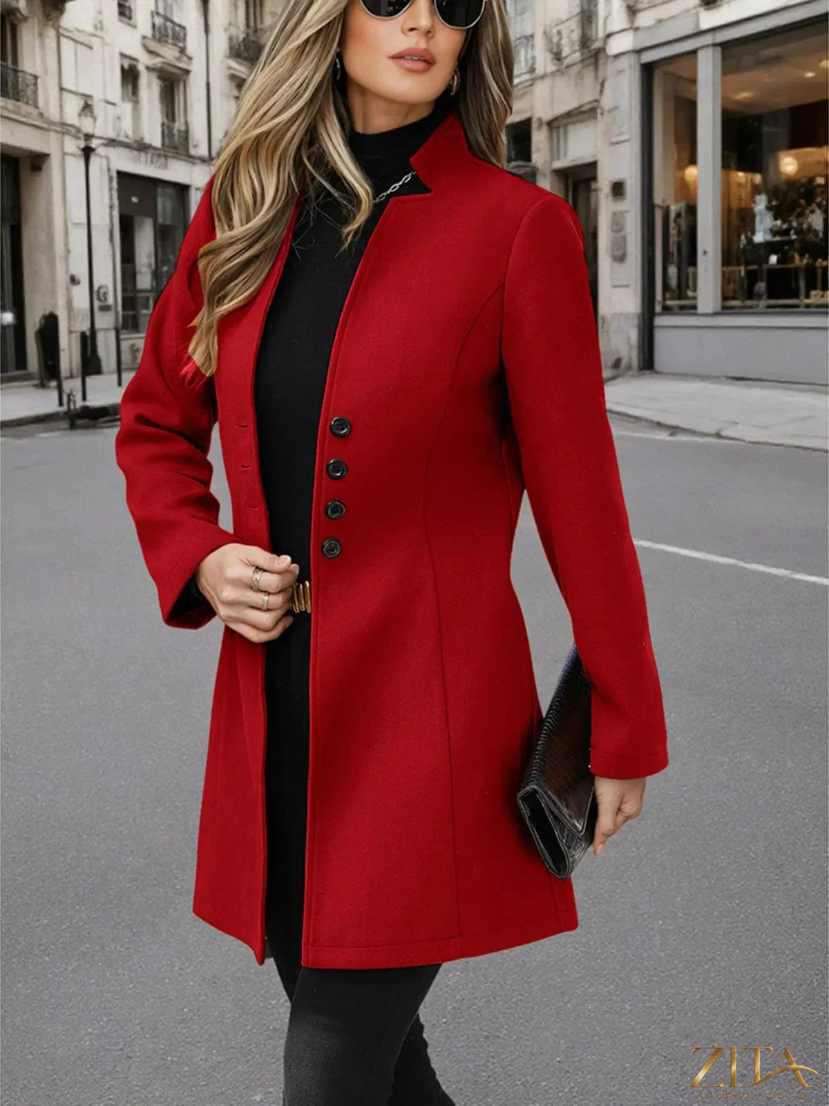 Zita La Belle Elite button-up long sleeve coat displayed on a hanger, featuring a tailored fit and classic design.