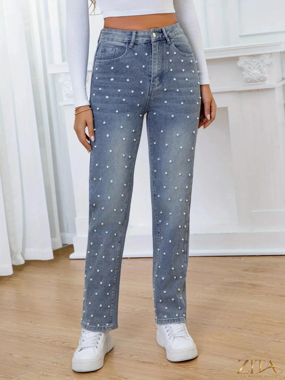 Pearl-embellished high waist straight jeans by Zita La Belle Elite, shown with detailed view of pearl adornments and classic denim fit.