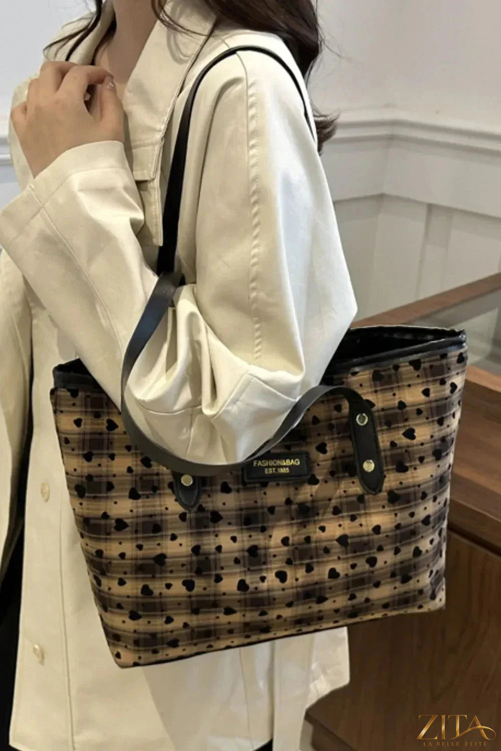 Heart plaid PU leather strap tote bag by Zita La Belle Elite featuring a heart pattern and spacious design.