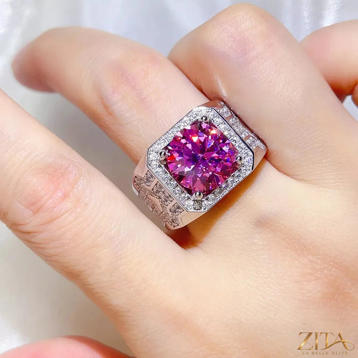 Sterling silver moissanite ring with a 5-carat center stone, featuring a sleek, elegant design and a polished finish.