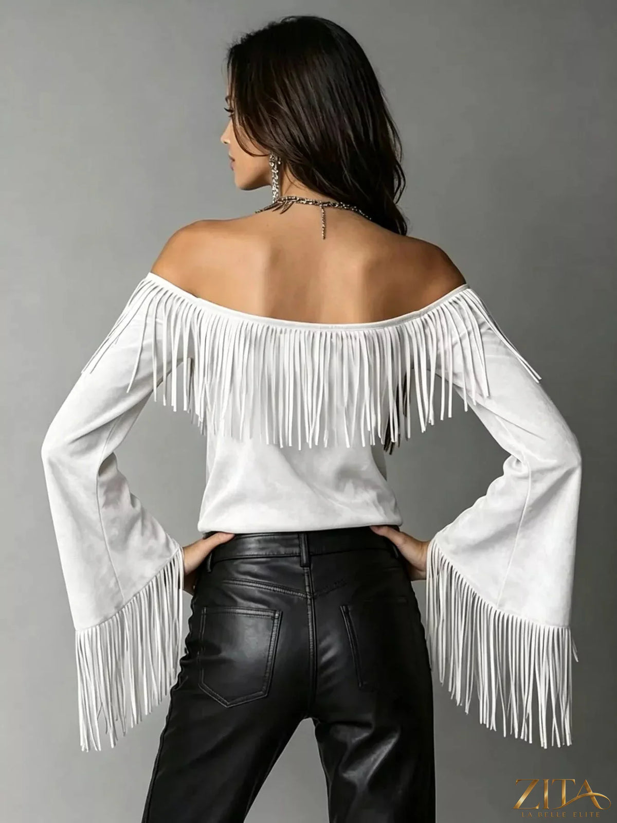 Zita La Belle Elite boho chic off-shoulder suede top with fringed details, stylish and trendy for casual or festival wear.