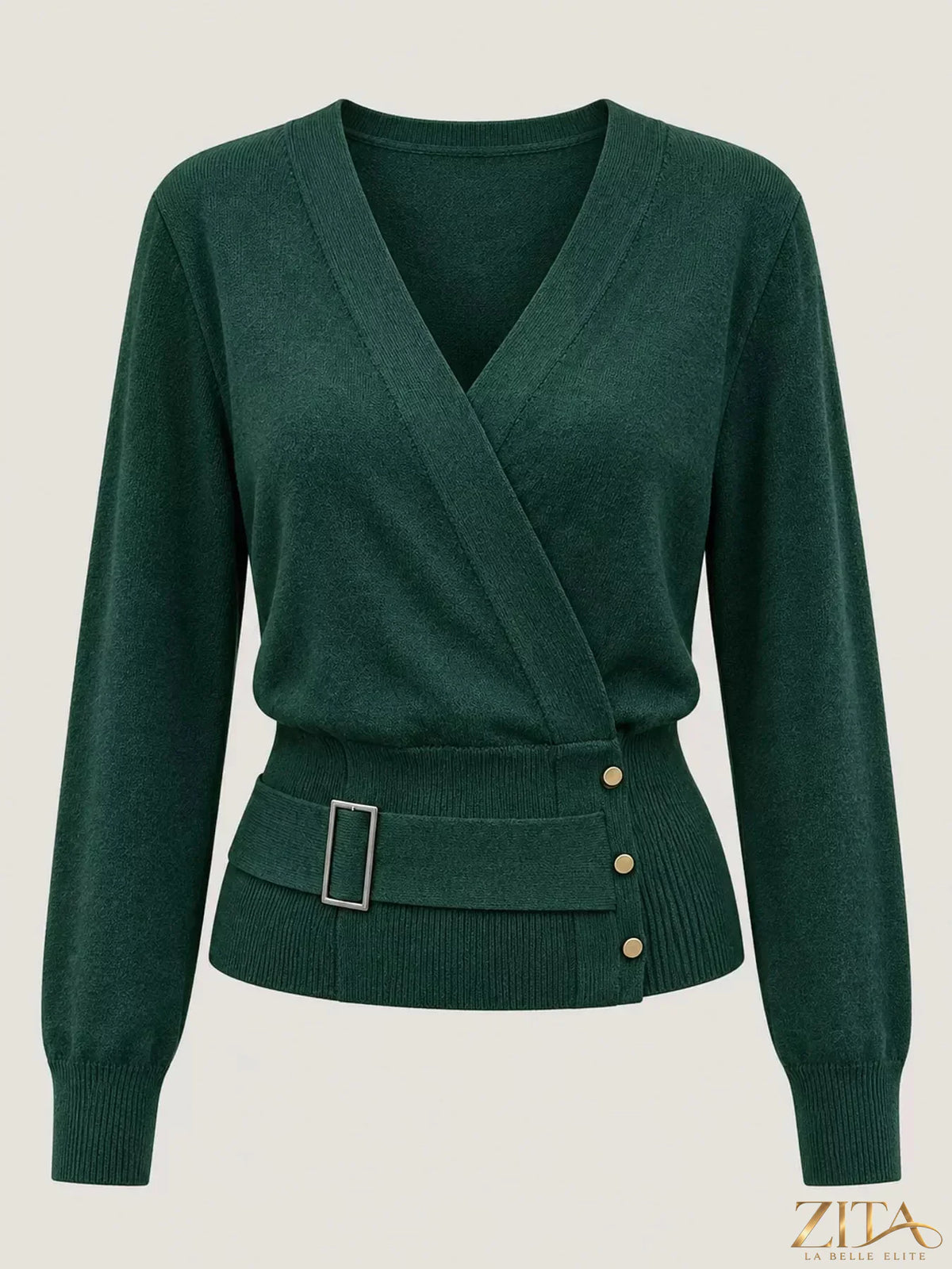 Zita La Belle Elite surplice long sleeve knit top with elastic waist and soft fabric, shown on a neutral background.