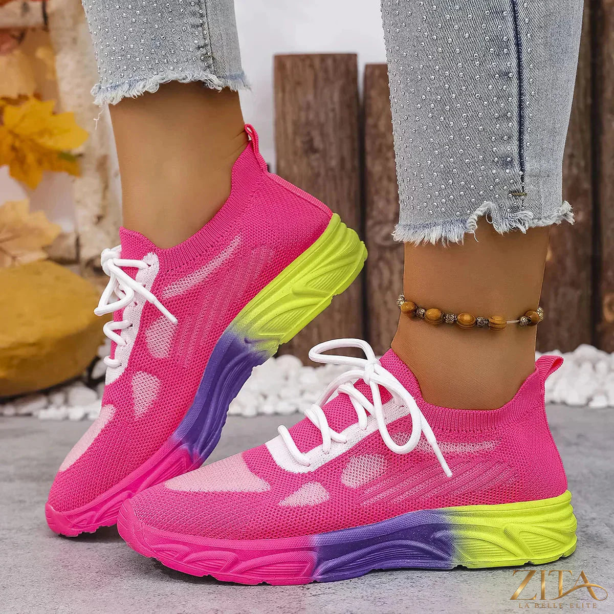 Zita La Belle Elite lace-up round toe sneakers with white laces and rubber sole, stylish casual footwear for everyday wear