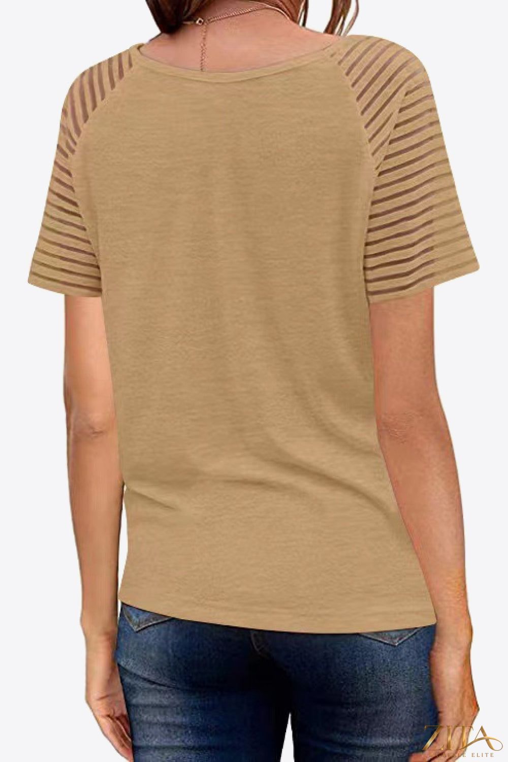 V-neck raglan sleeve tee by Trendsi featuring a relaxed fit and contrasting sleeve colors on a white background.