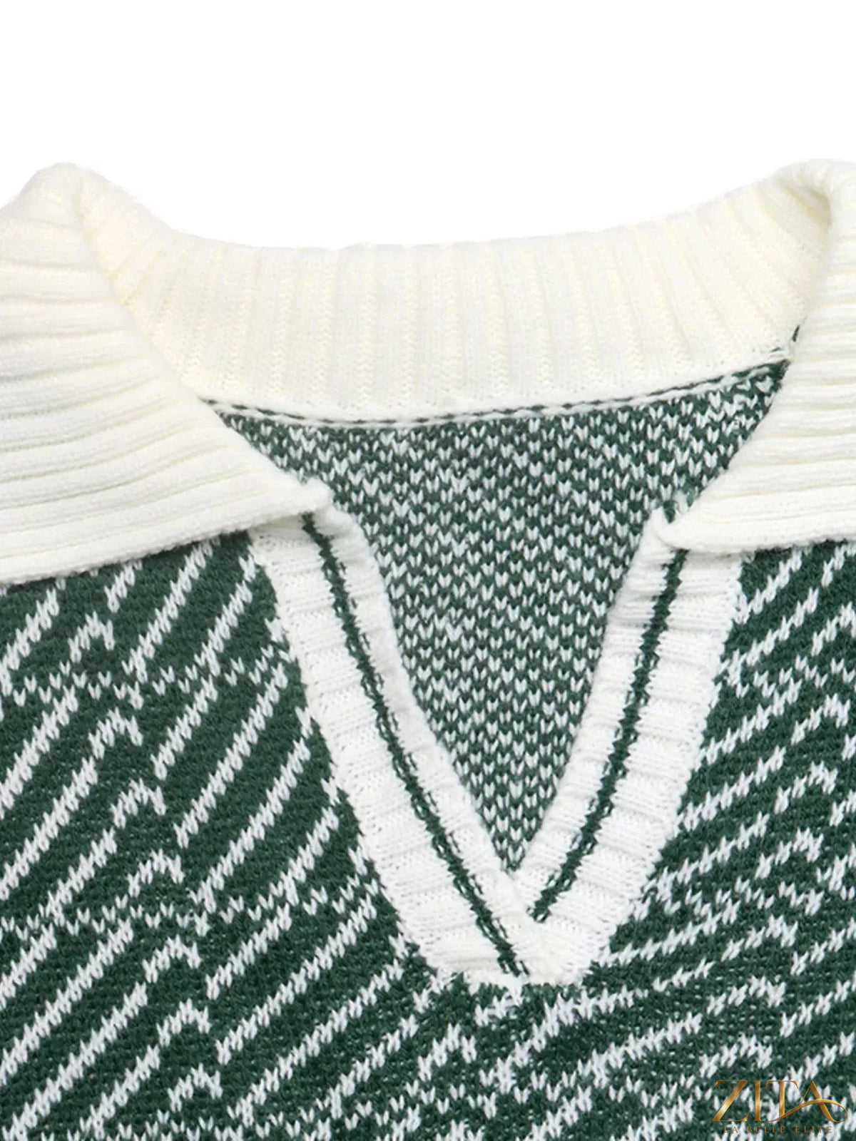 Zita La Belle Elite geometric patterned collared sweater with multicolored design and ribbed cuffs and hem.