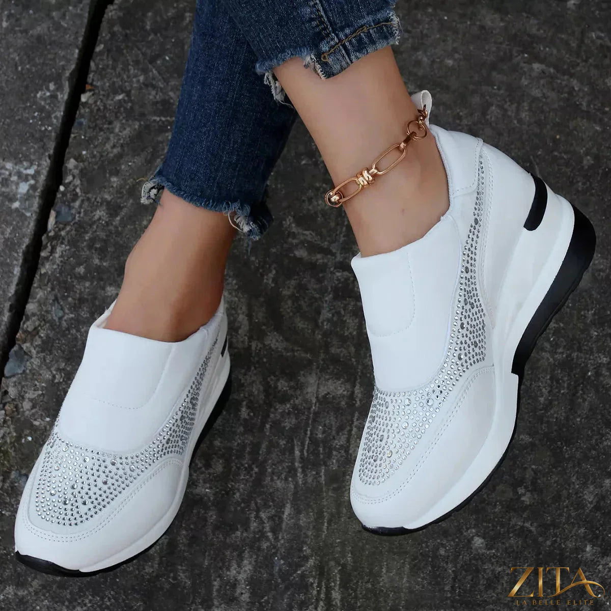 Zita La Belle Elite rhinestone embellished wedge sneakers with sparkling rhinestones and comfortable wedge heel.