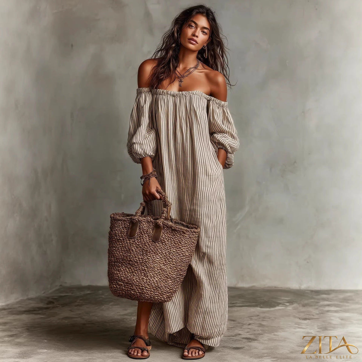 Women's off-shoulder long-sleeve maxi dress by Zita La Belle Elite, casualwear with flowing fabric and elegant design.
