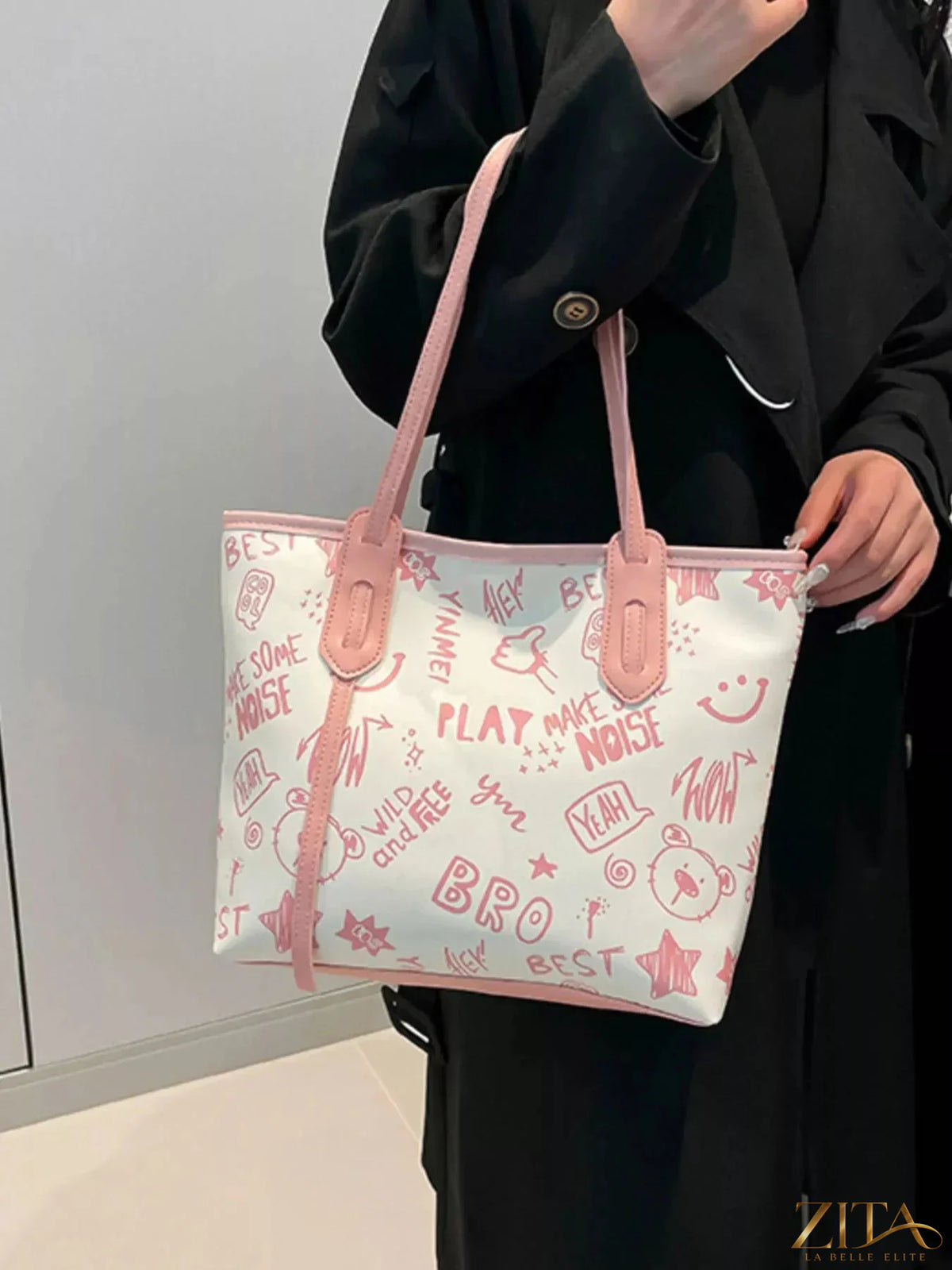 Zita La Belle Elite graffiti print casual tote bag with colorful urban design, durable fabric, and spacious interior.