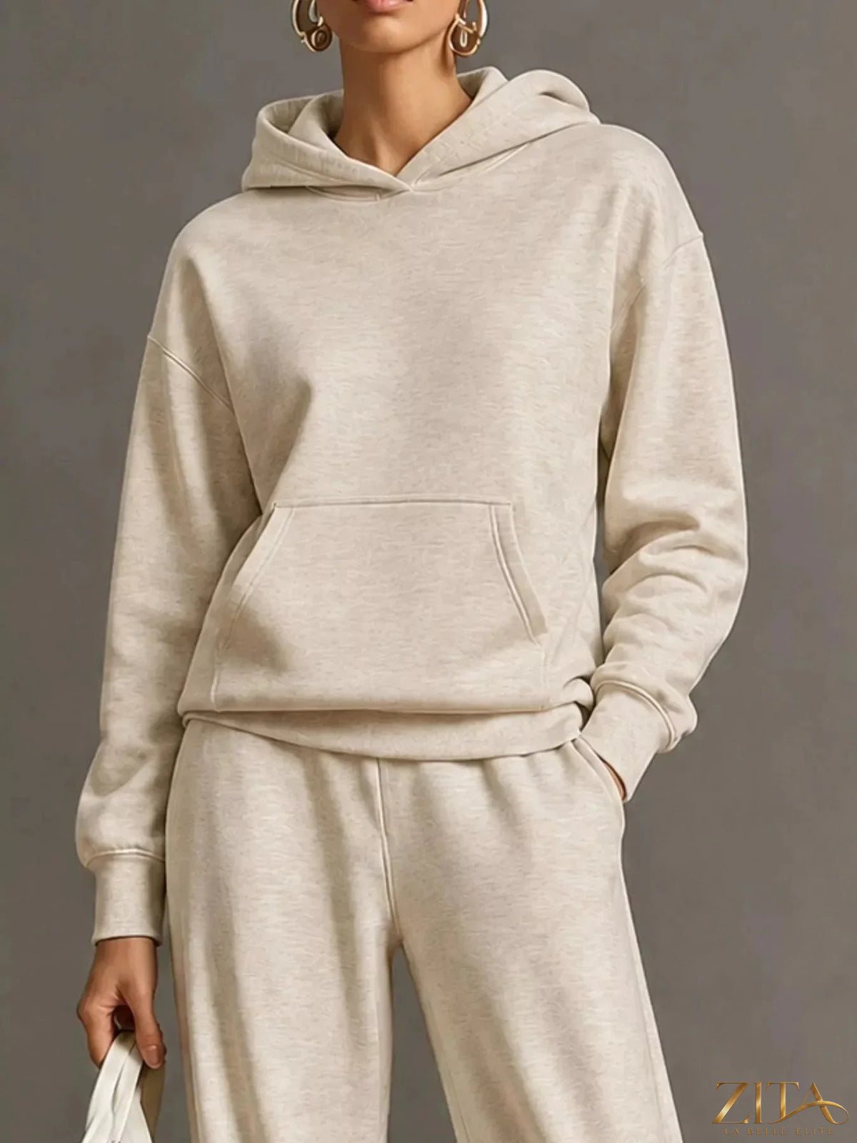 Zita La Belle Elite kangaroo pocket hoodie and pants two-piece set, soft fabric with front pouch pocket and matching jogger style pants