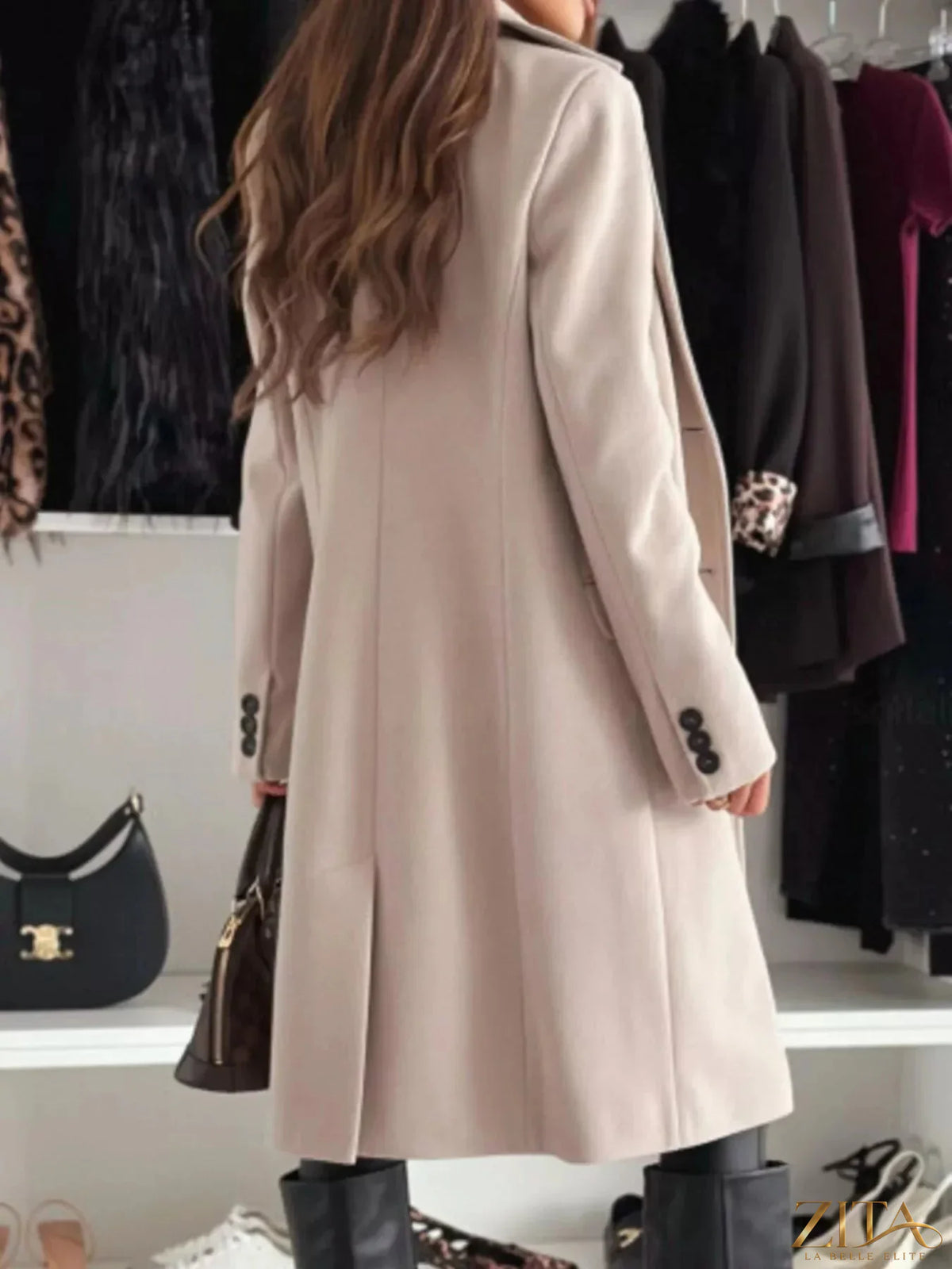 Zita La Belle Elite lapel collar long sleeve coat in neutral fabric, featuring a tailored fit and stylish design.