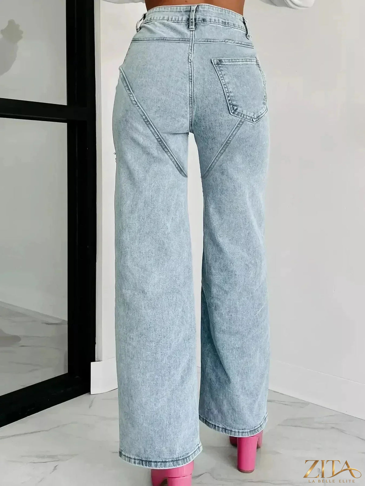 Zita La Belle Elite high waist cut-out wide leg jeans showing distressed details and stylish fit on a model.
