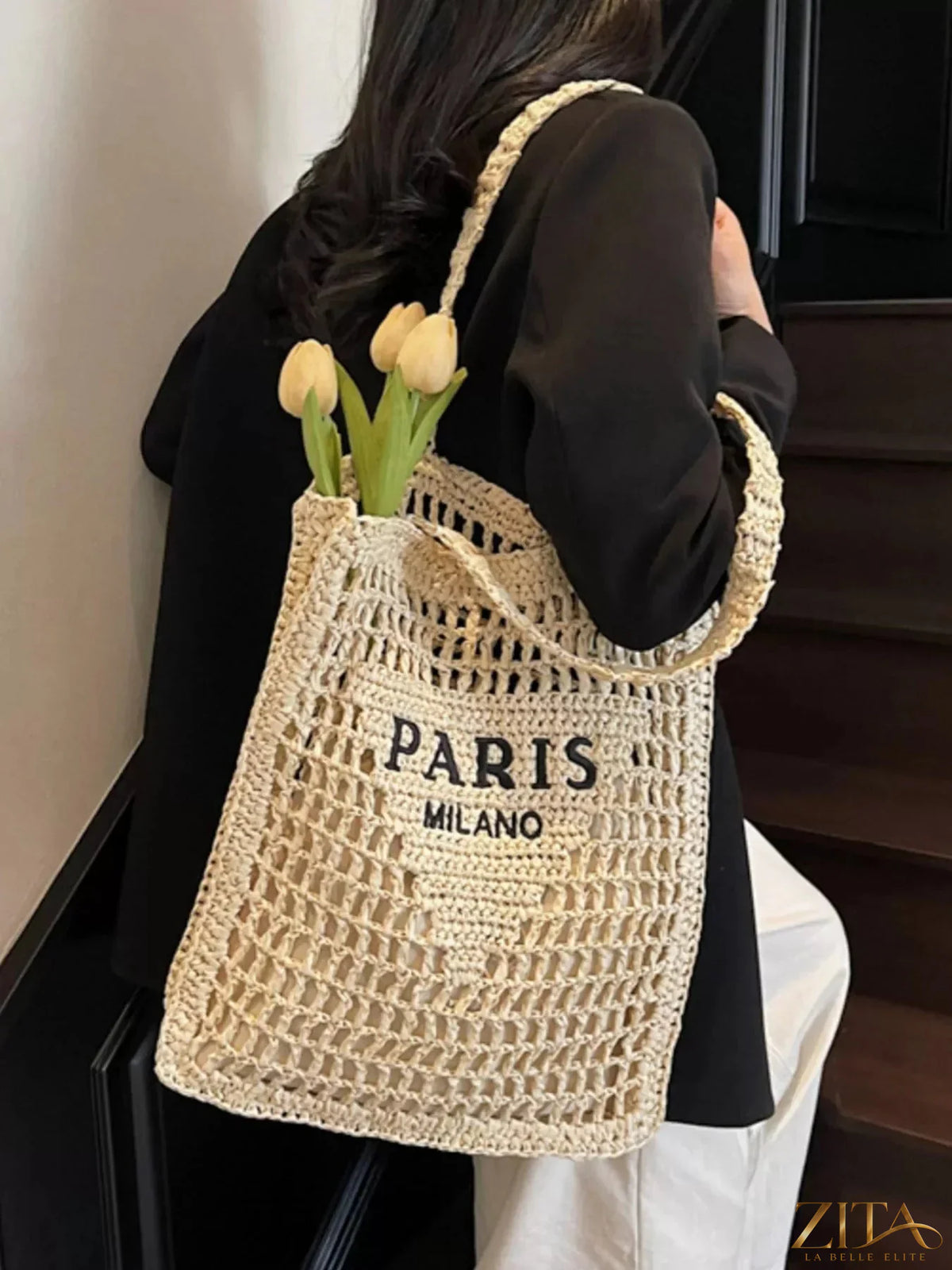 Crochet knit shoulder bag by Zita La Belle Elite with woven straps and intricate stitching, stylish and handcrafted accessory.