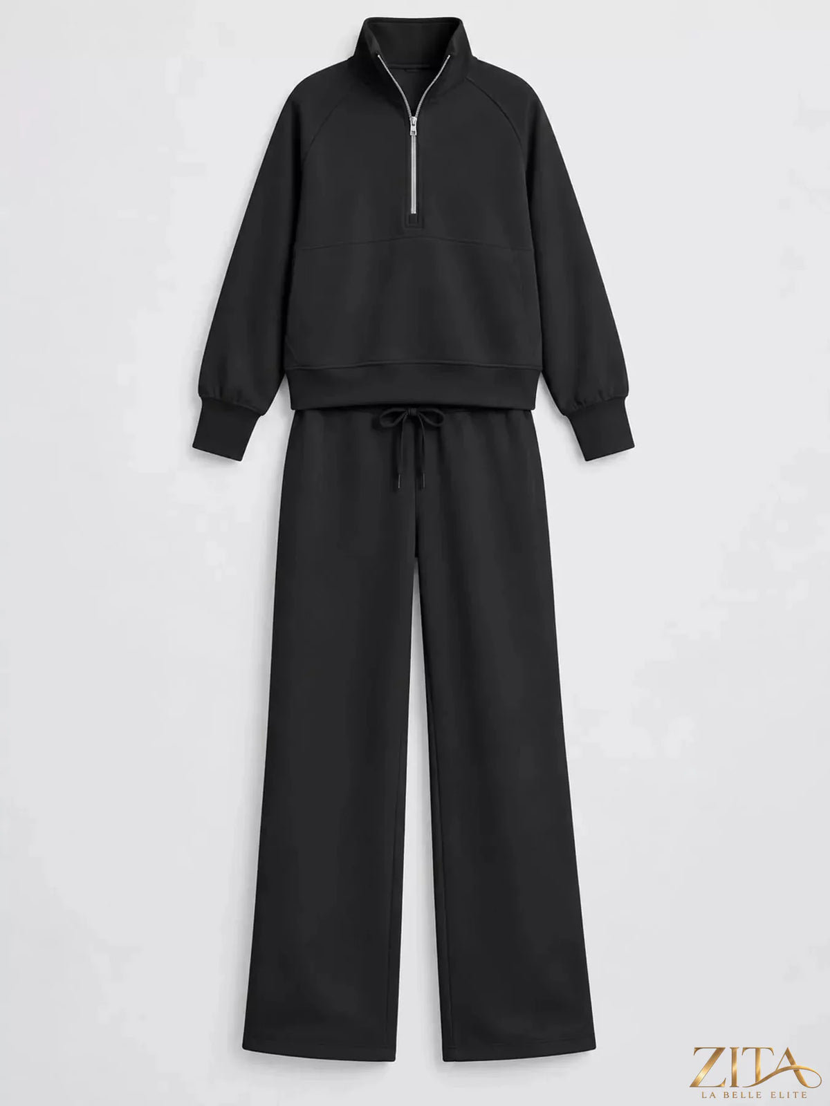 Zita La Belle Elite half-zip sweatshirt and wide-leg pants set, featuring a cozy sweatshirt with a zipper and flowing wide-leg trousers.