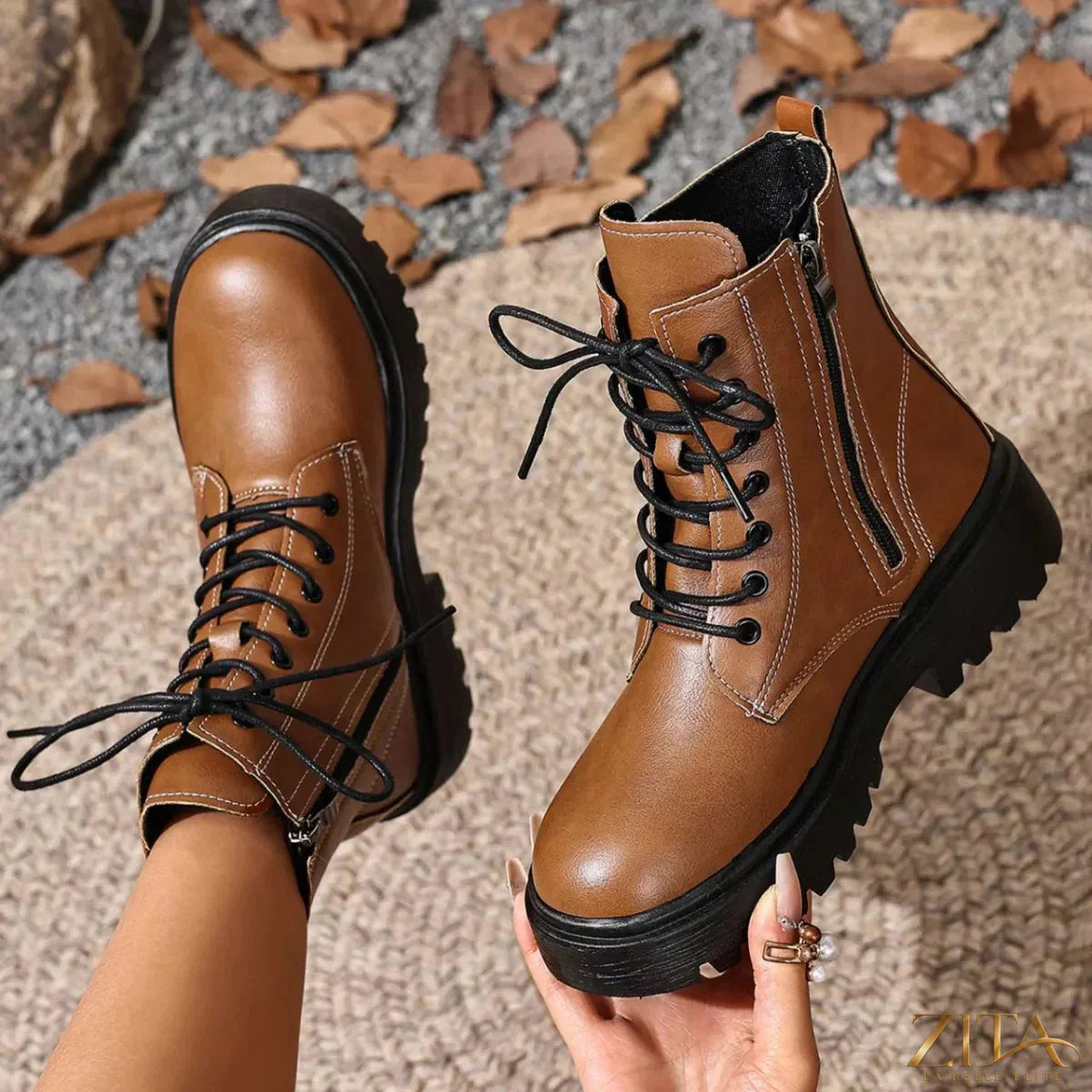 Zita La Belle Elite lace-up ankle combat boots with chunky soles and metal eyelets, stylish and durable footwear for edgy fashion.