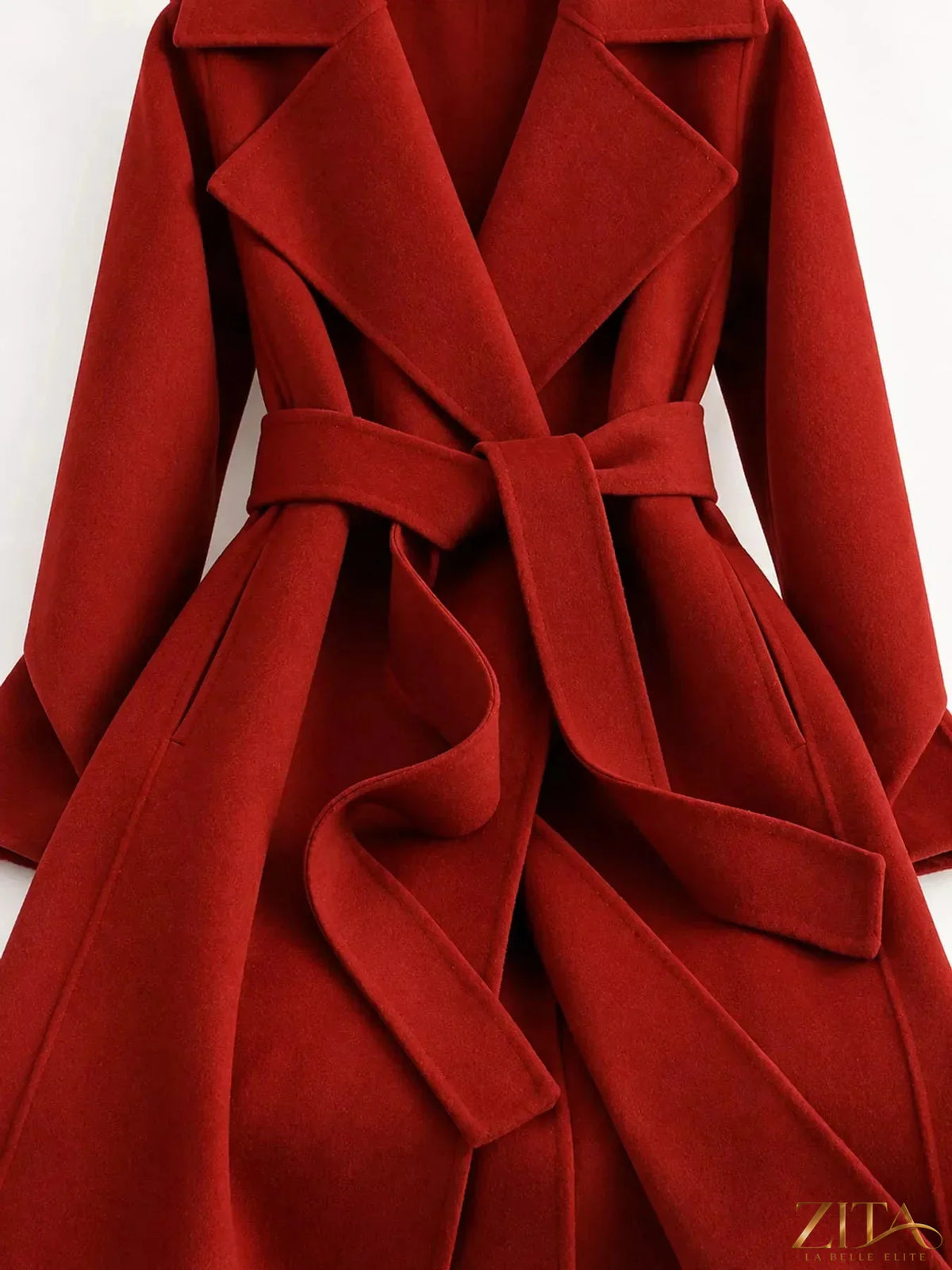 Zita La Belle Elite longline wool coat with waist belt, featuring a tailored silhouette and classic design.