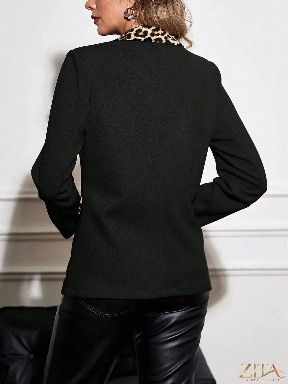 Zita La Belle Elite leopard lapel collar long sleeve blazer shown in a stylish, fitted design with leopard print fabric.
