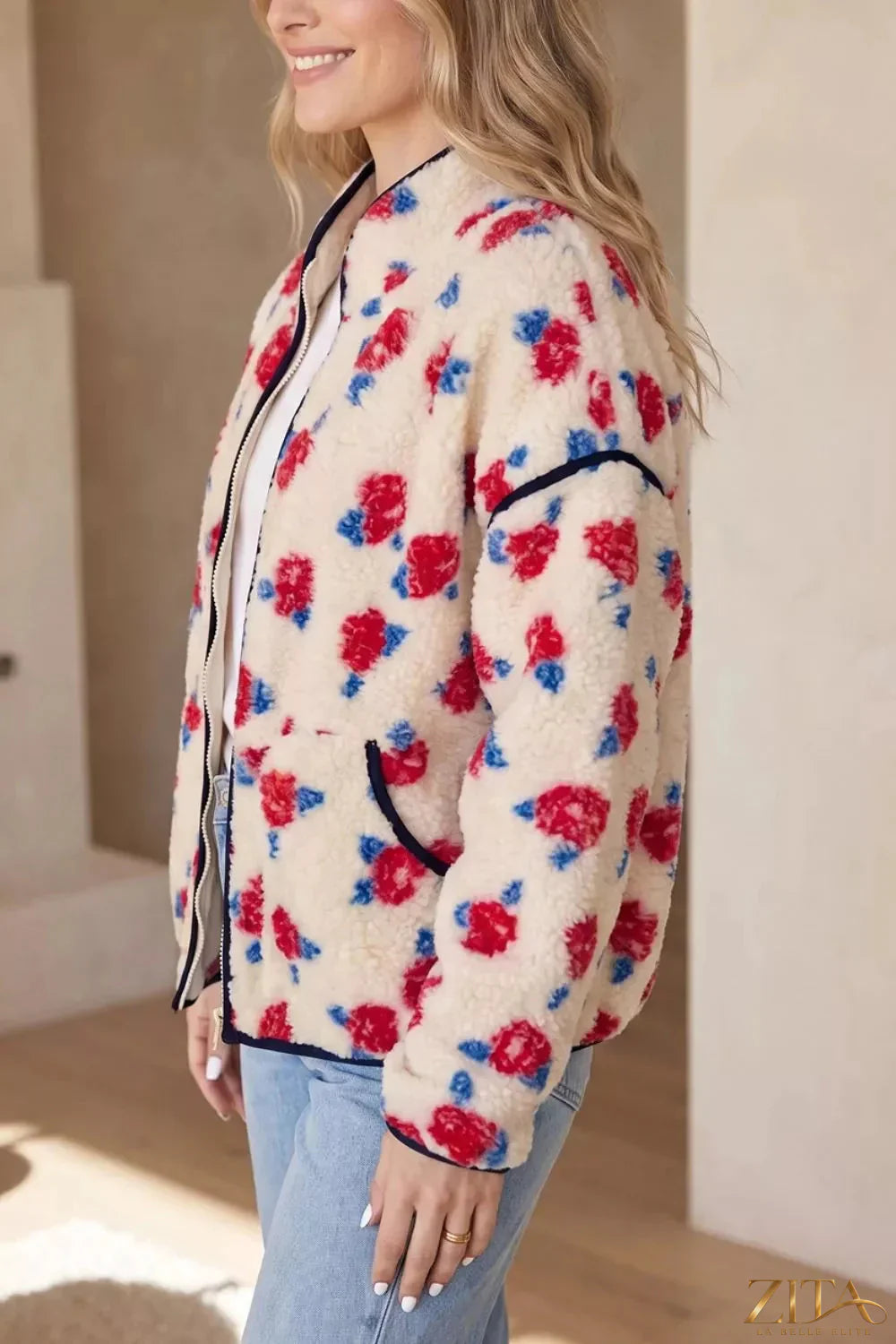 Zita La Belle Elite floral print zipper stand-neck fleece coat with outerwear design and vibrant floral pattern