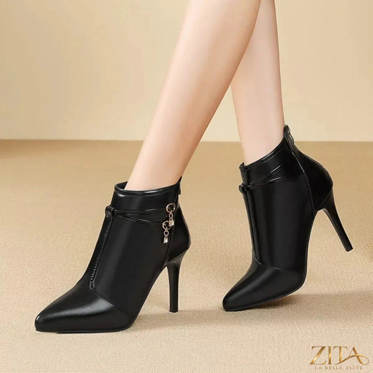 Zita La Belle Elite point toe stiletto boots in black leather with sleek silhouette and high heel, stylish and elegant footwear.