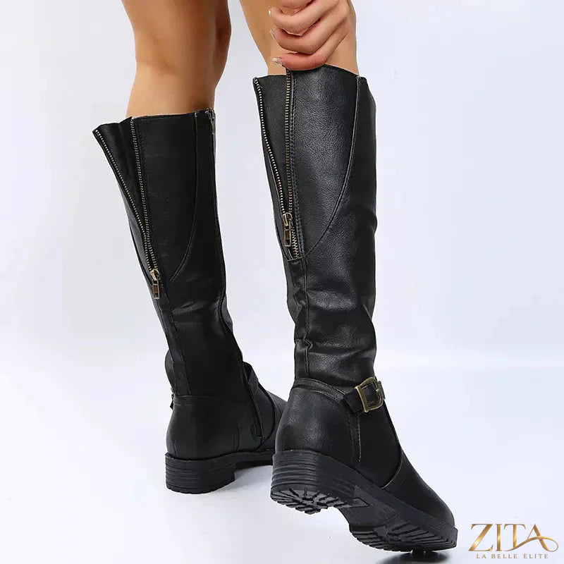 Zita La Belle Elite round toe block heel boots in black leather with ankle height and sturdy chunky heels.