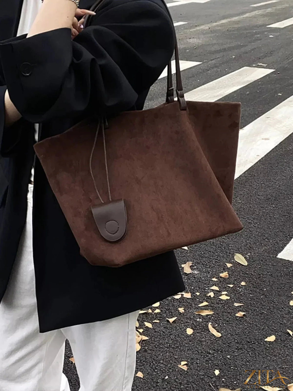 Zita La Belle Elite classic suede tote bag with sturdy handles and sleek design, shown in a natural tan color.