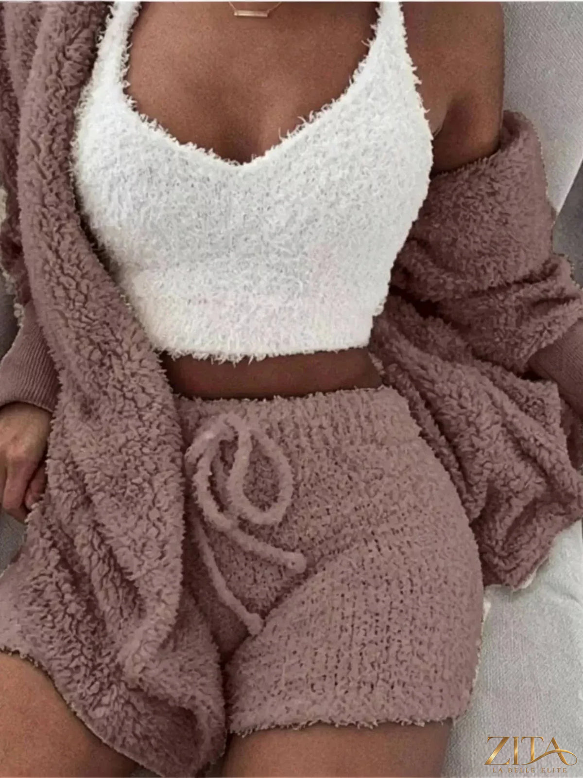 Plus size fuzzy plush cardigan lounge set by Zita La Belle Elite, featuring a cozy, soft fabric and relaxed fit for comfortable wear.