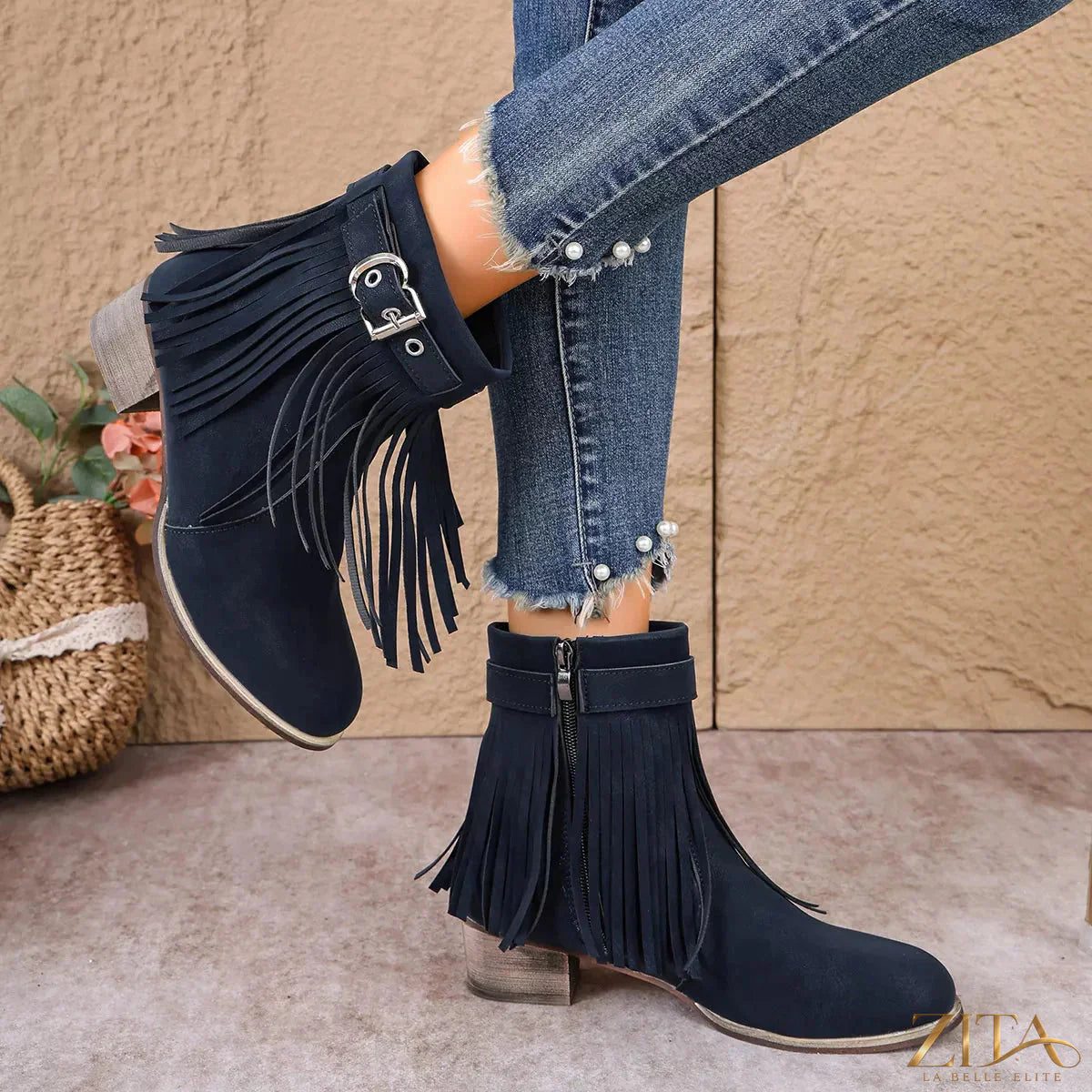 Zita La Belle Elite fringe ankle boots with buckle detail, featuring leather material and stylish design for casual wear.