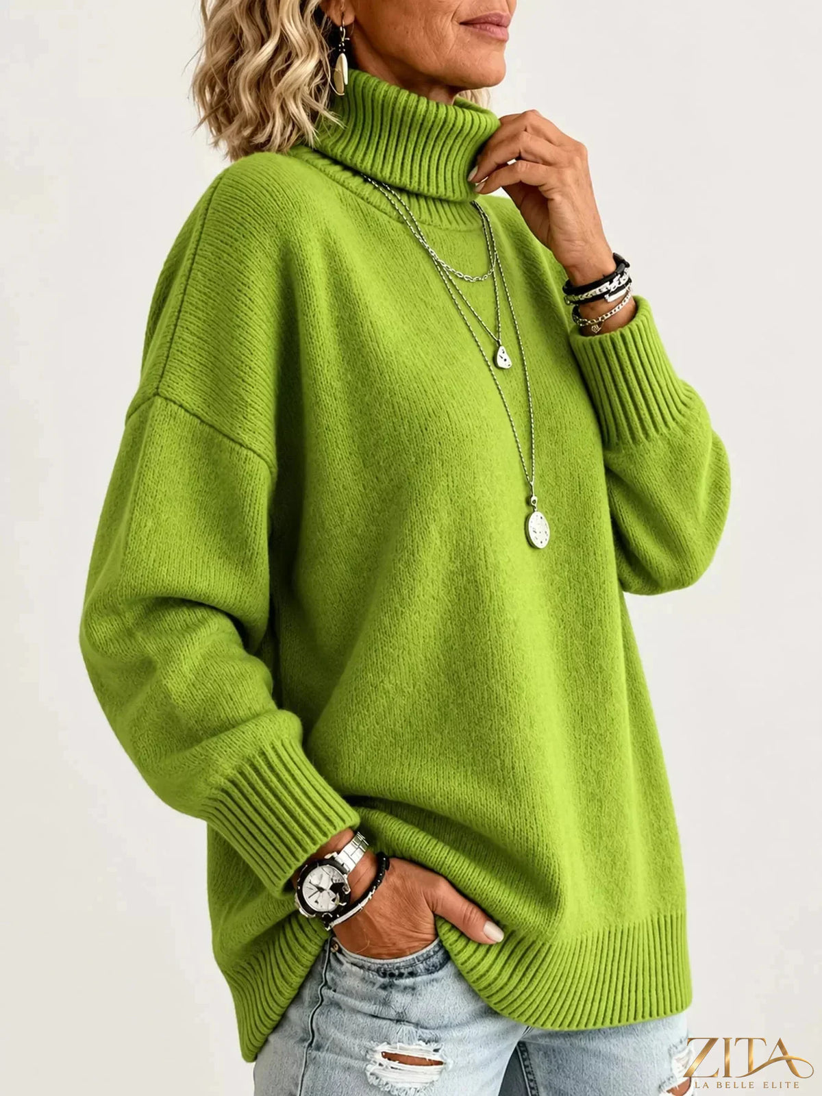 Zita La Belle Elite turtleneck dropped shoulder sweater in soft knit fabric, shown in a cozy, relaxed fit.
