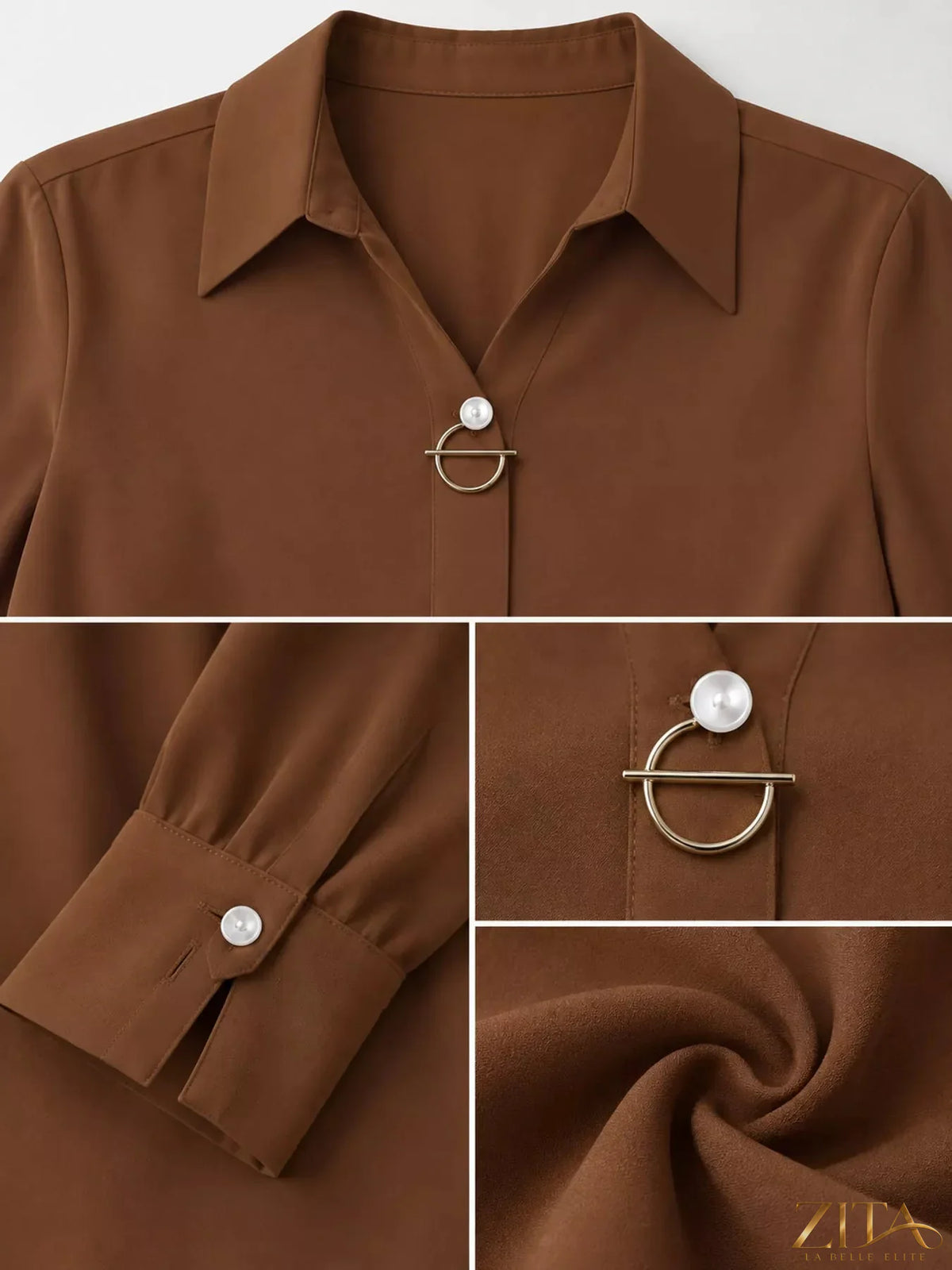 Zita La Belle Elite long sleeve satin blouse with a sleek fit and elegant design, shown in a smooth satin fabric.