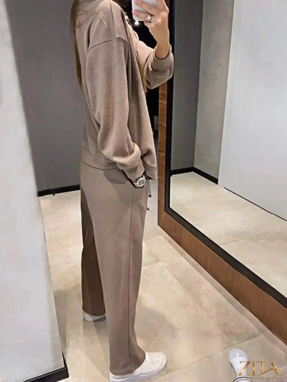 Zita La Belle Elite full size button-up long sleeve top and pants set displayed on a mannequin in neutral colors.