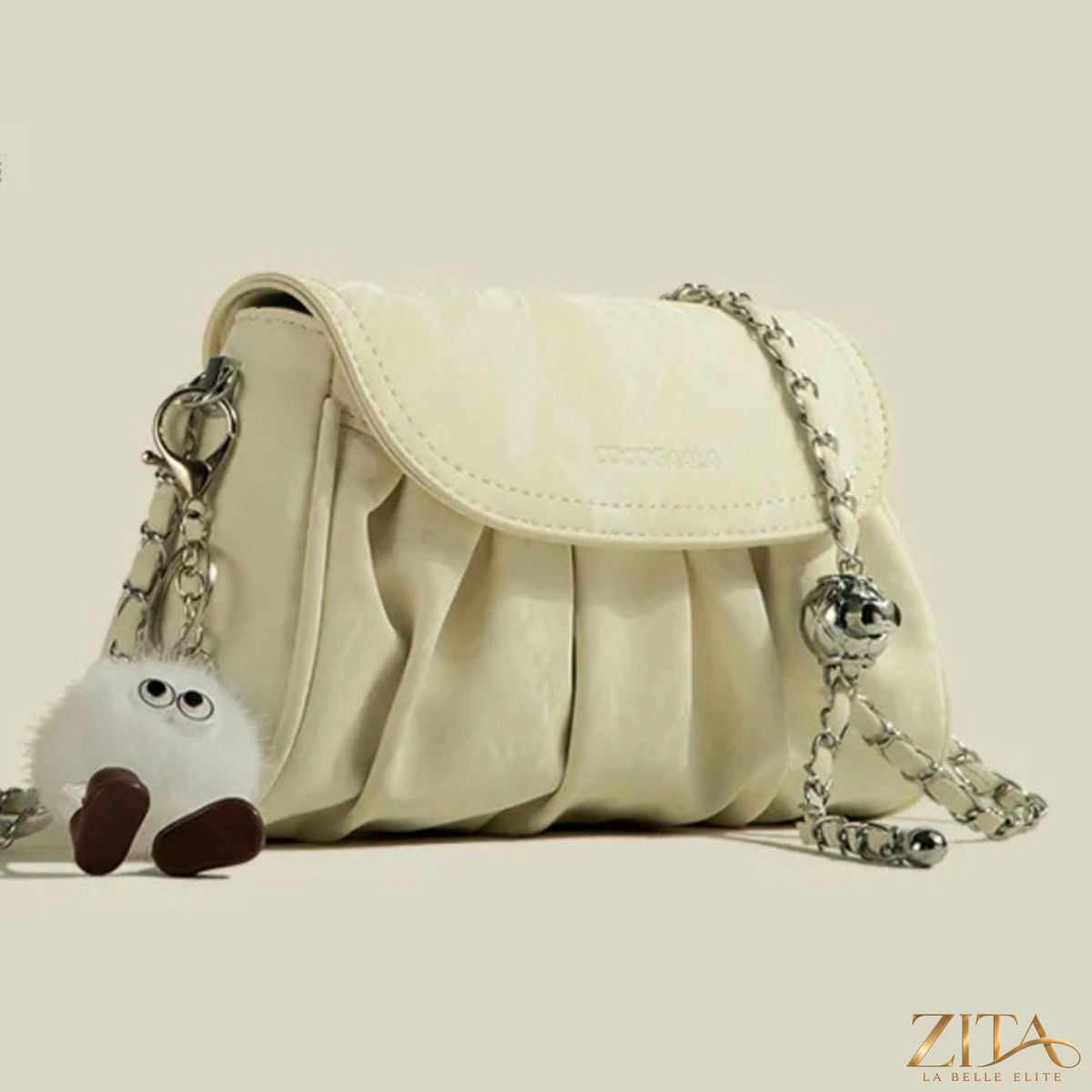 Zita La Belle Elite ruched chain strap shoulder bag with elegant design and textured fabric, featuring a stylish chain strap.