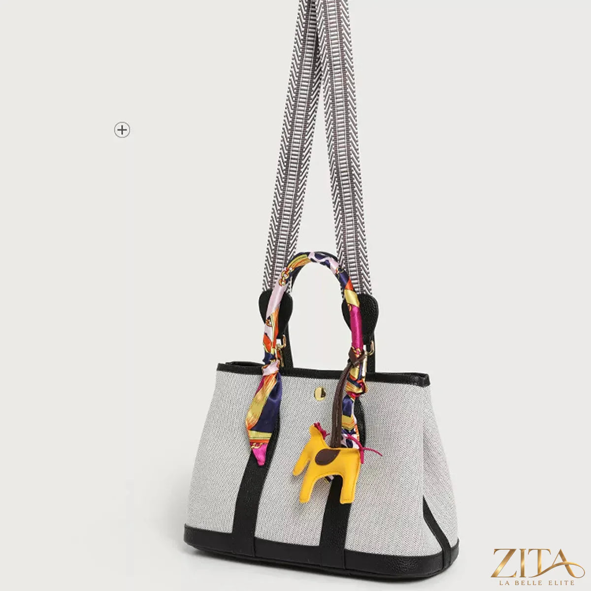 Zita La Belle Elite canvas handbag with silk scarf and horse charm, stylish and elegant accessory for women.