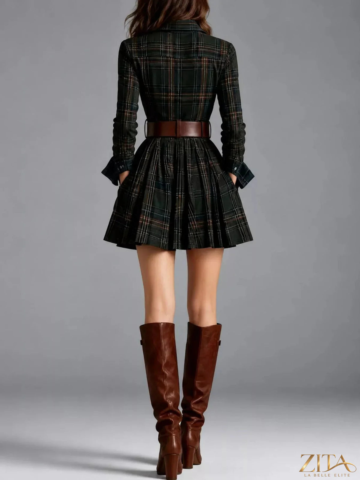 Zita La Belle Elite plaid long-sleeve shirt dress with button front and collar, featuring a classic checkered pattern.
