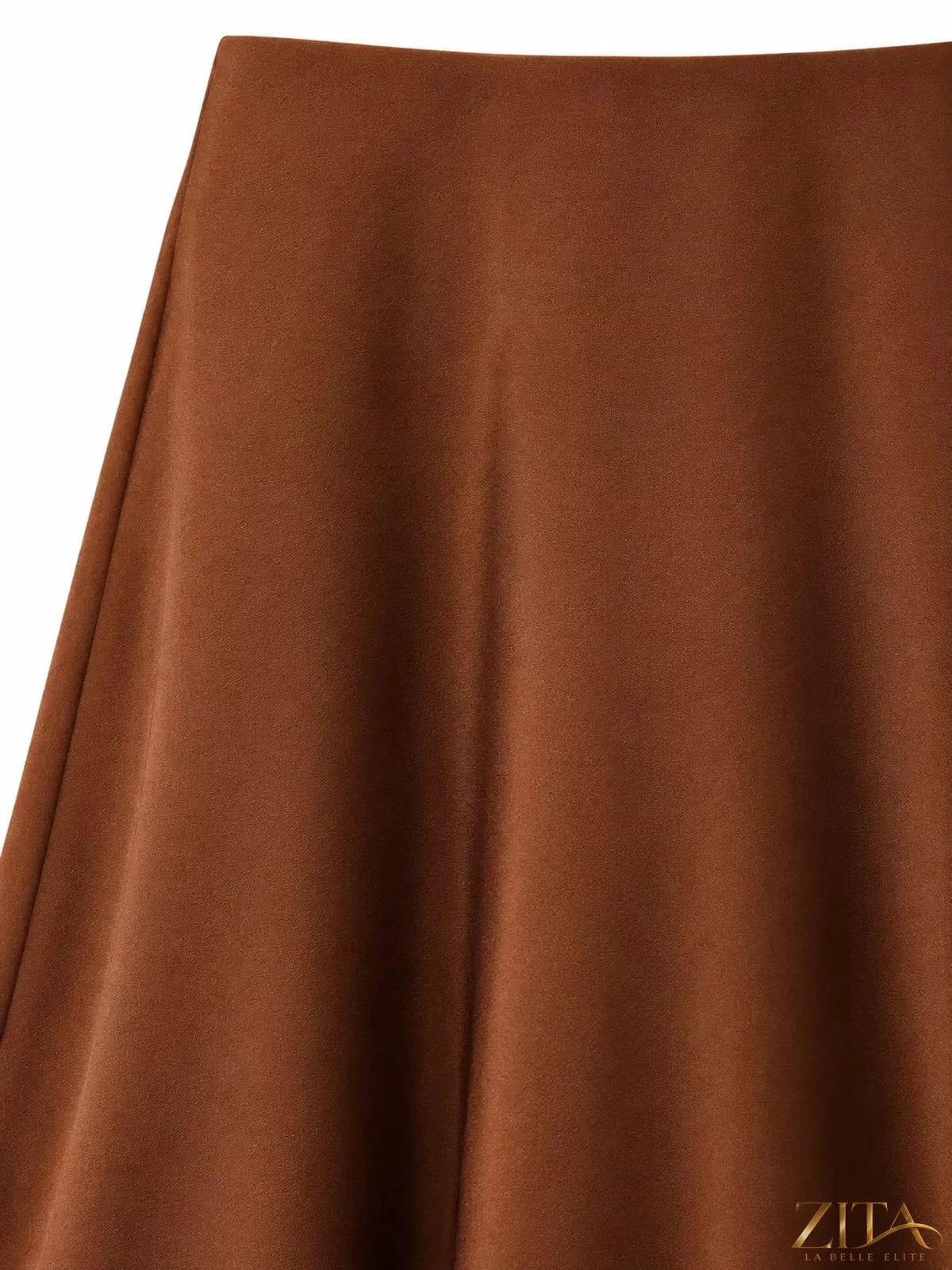 Plus size high-waisted satin midi skirt by Trendsi, showcasing smooth fabric and elegant silhouette in a full-length view.