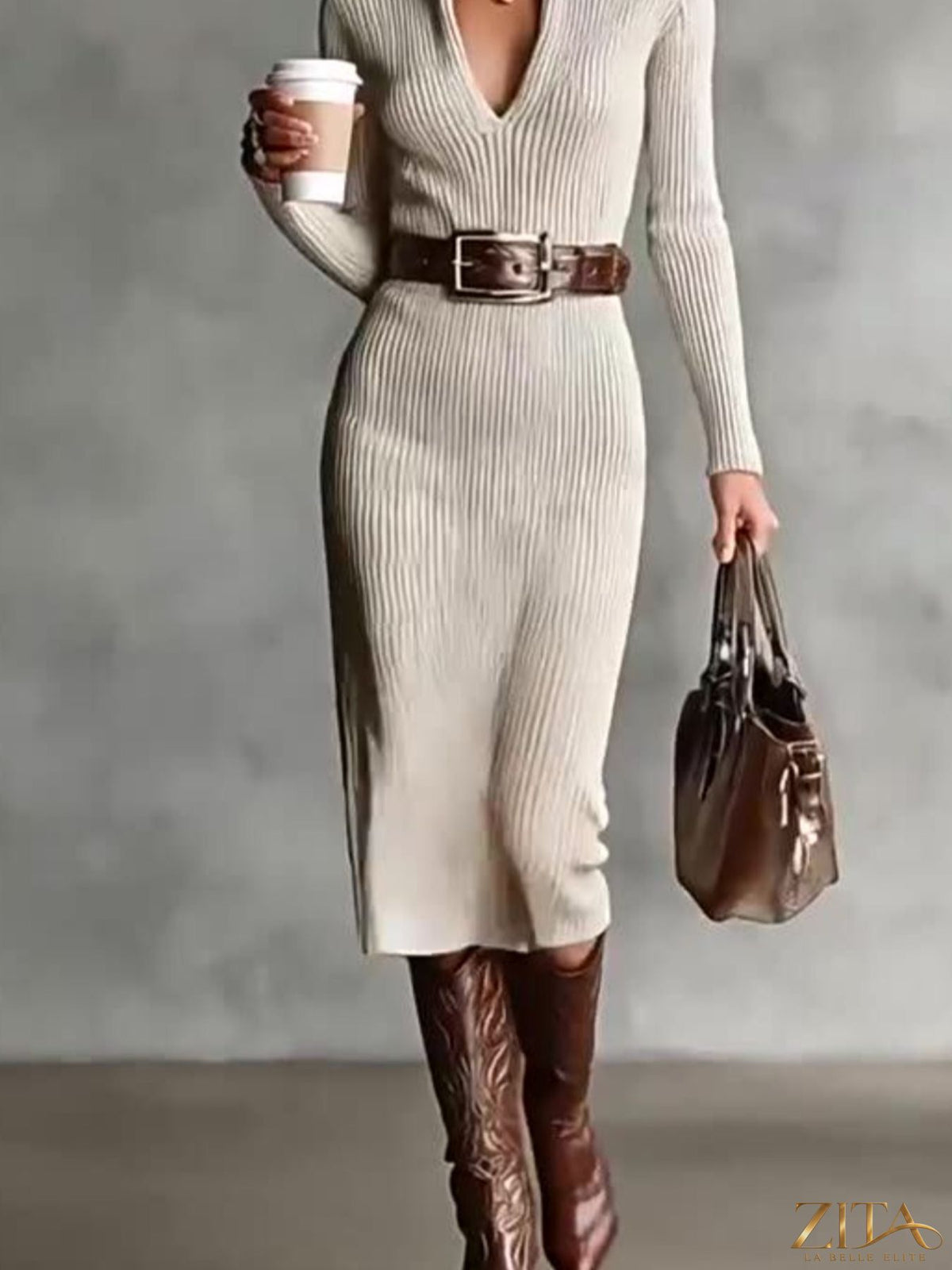 Ribbed knit turtleneck bodycon sweater dress from Trendsi, showcasing a fitted silhouette and textured ribbed pattern.