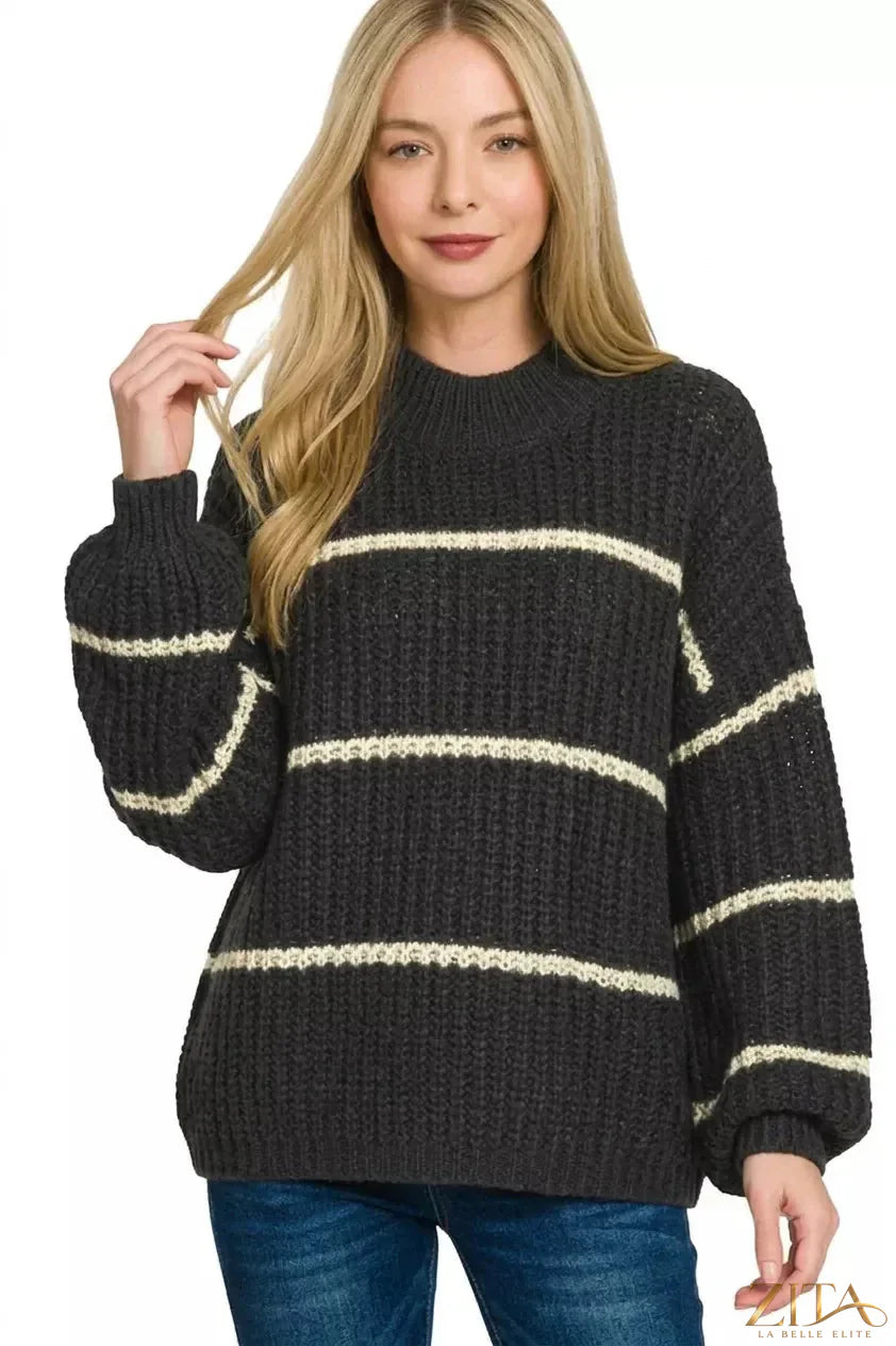 Oversize striped sweater from Zenana featuring bold horizontal stripes in various colors, casual and comfortable fit.