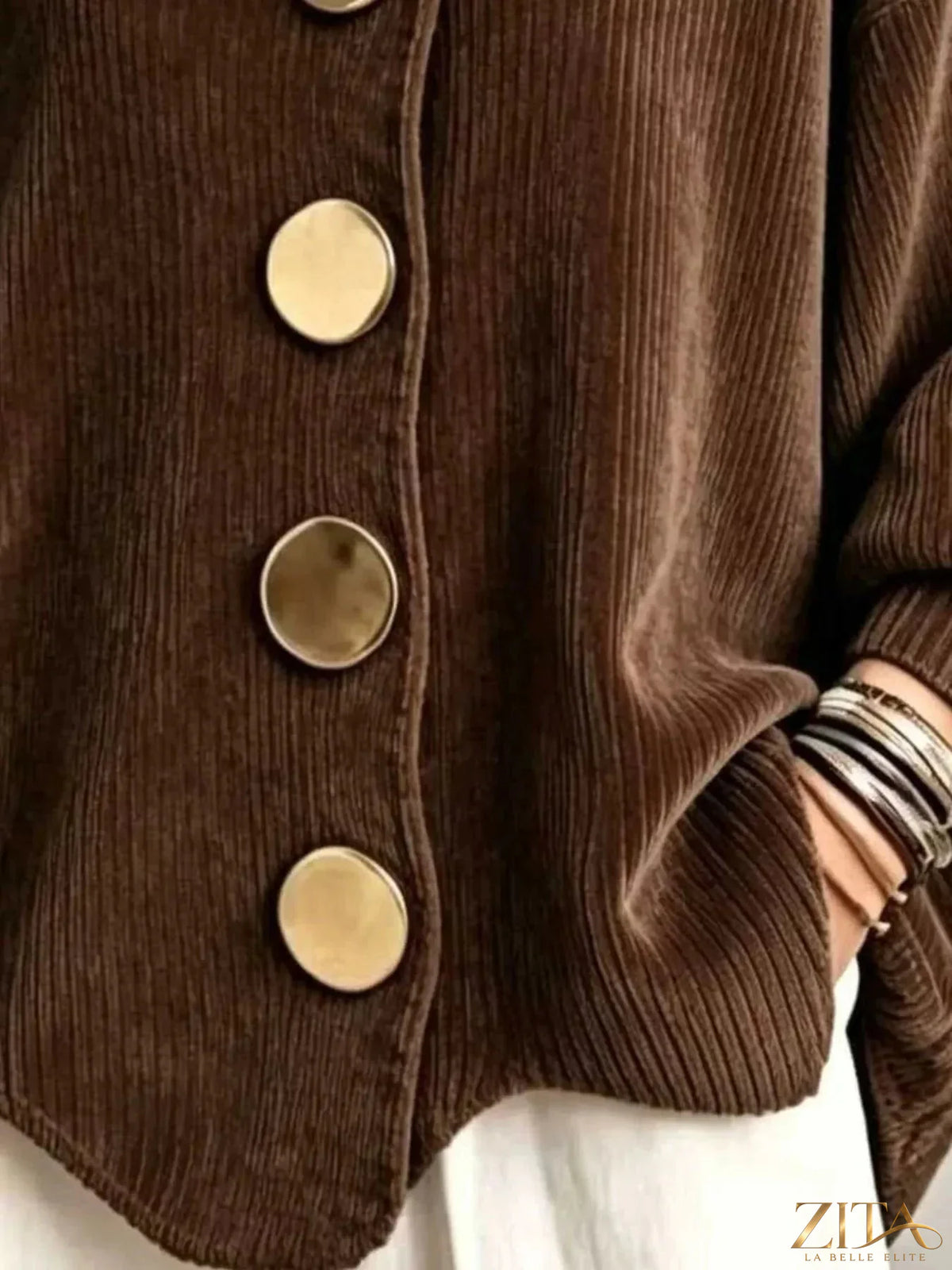 Plus size ribbed knit gold button cardigan by Zita La Belle Elite, showcasing its full length and textured fabric.