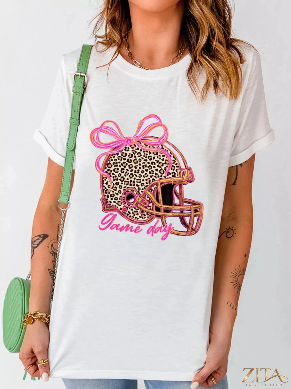 Leopard graphic T-shirt for game day featuring a bold animal print design, casual fit, by Trendsi.