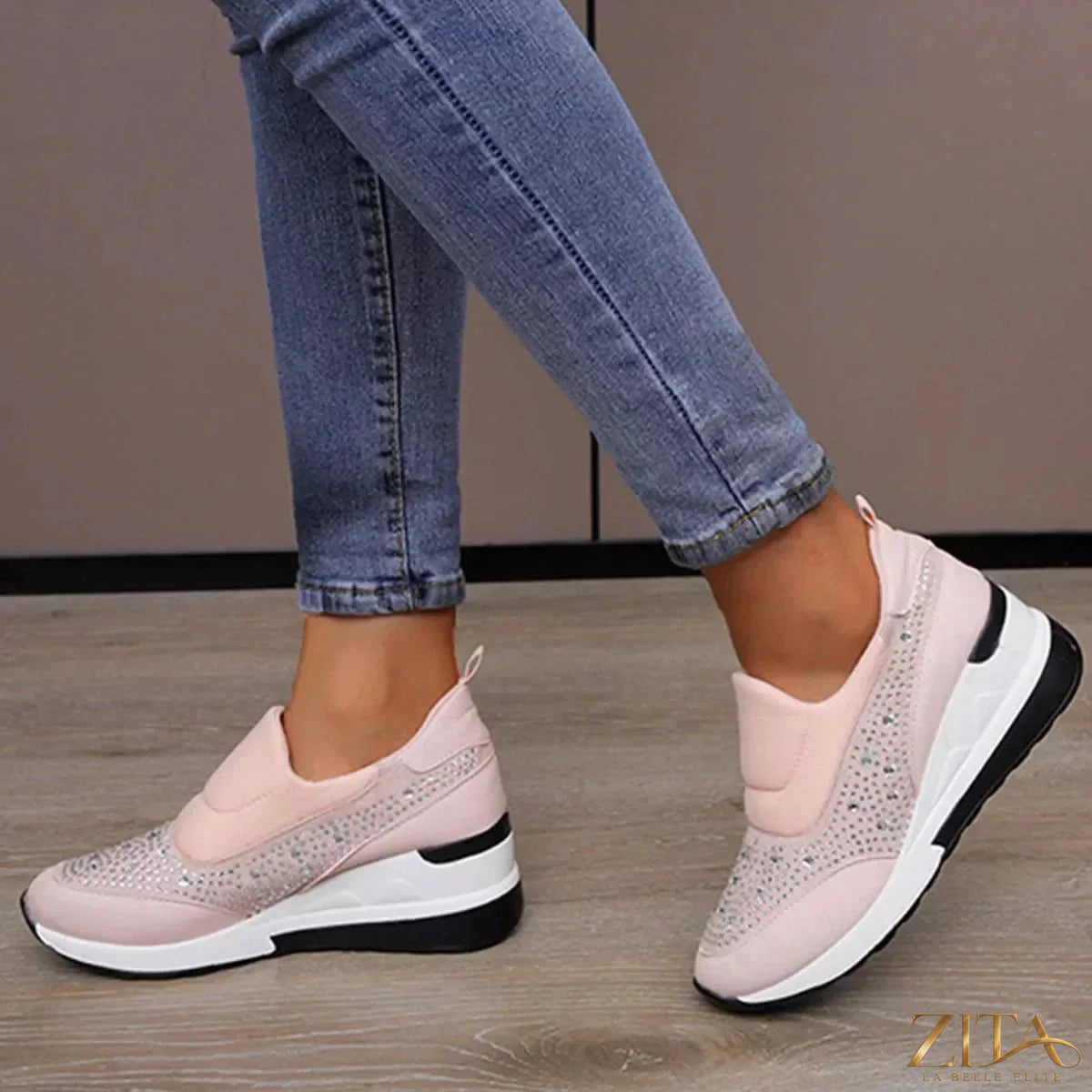 Rhinestone embellished Zita La Belle Elite wedge sneakers with sparkling details and a casual sneaker design.