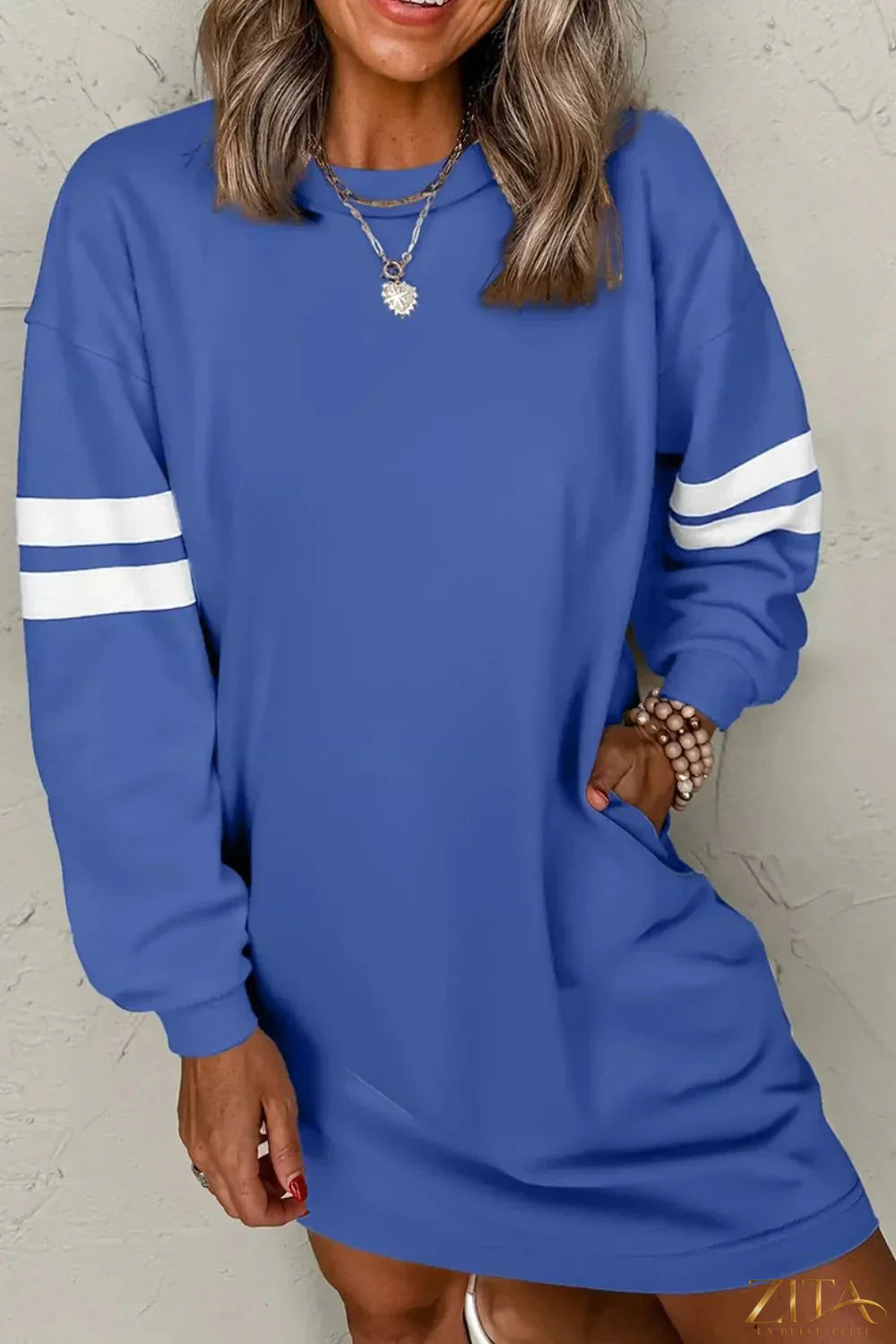 Zita La Belle Elite stripe long sleeve casual sweatshirt dress with a relaxed fit and comfortable fabric, featuring bold horizontal stripes.