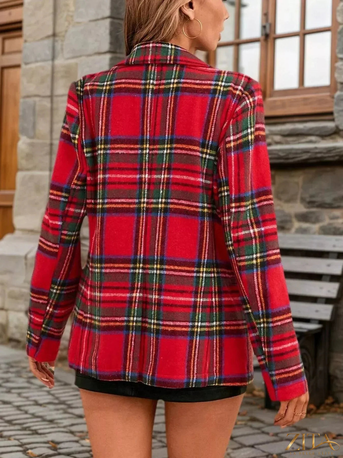 Zita La Belle Elite Christmas plaid blazer with single button, tailored fit, featuring festive red and green tartan pattern.