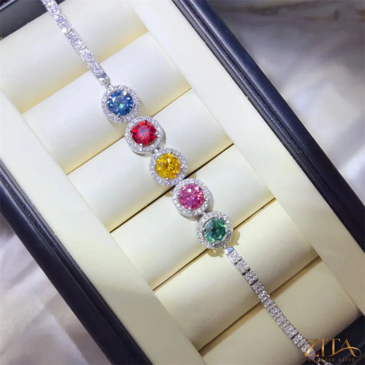 Sterling silver moissanite bracelet with 5-carat sparkly stones, elegant jewelry piece showcasing intricate design and shine.