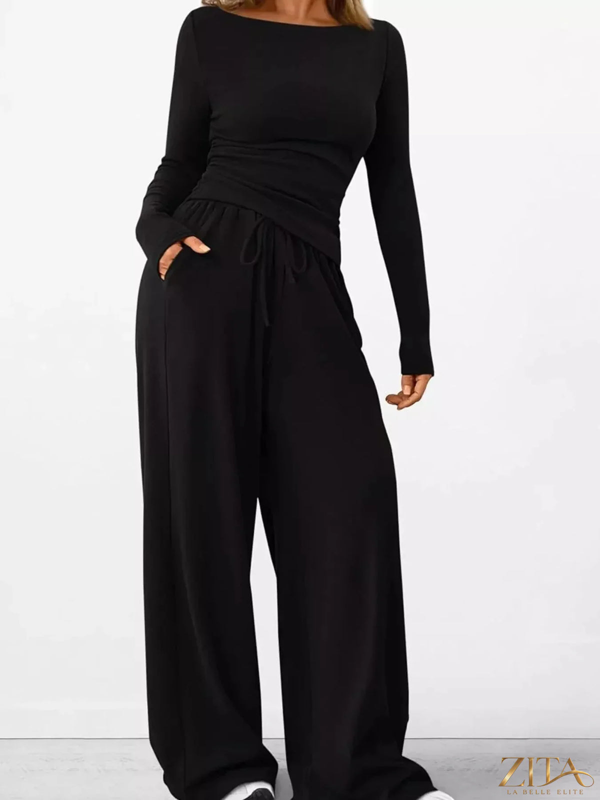 Zita La Belle Elite long sleeve top and wide-leg pants set in soft fabric, shown in a stylish matching outfit.