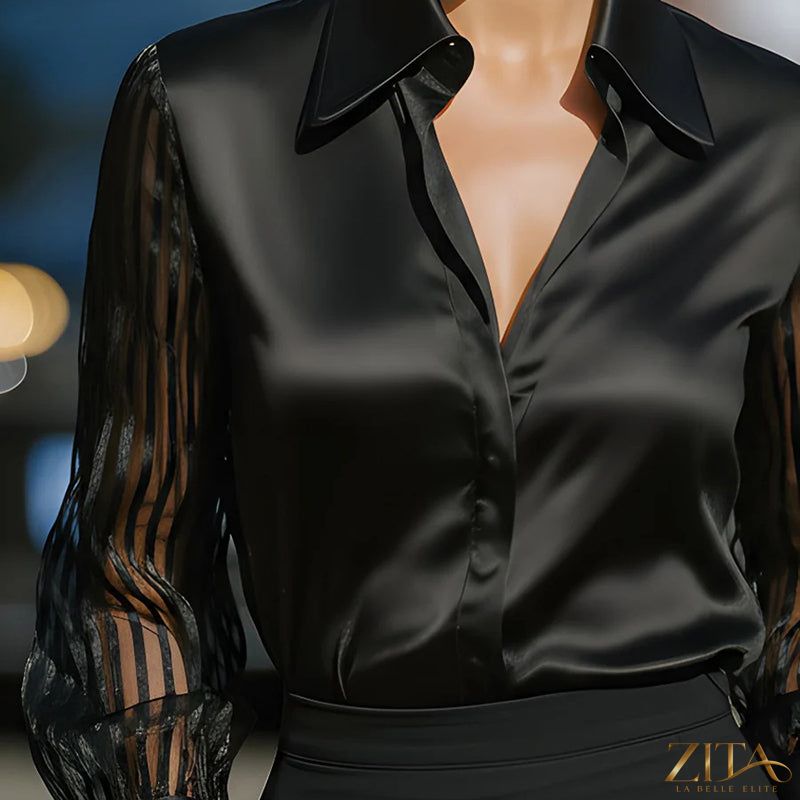 Zita La Belle Elite satin lapel collar sheer long sleeve blouse featuring elegant detailing and a casual chic style.