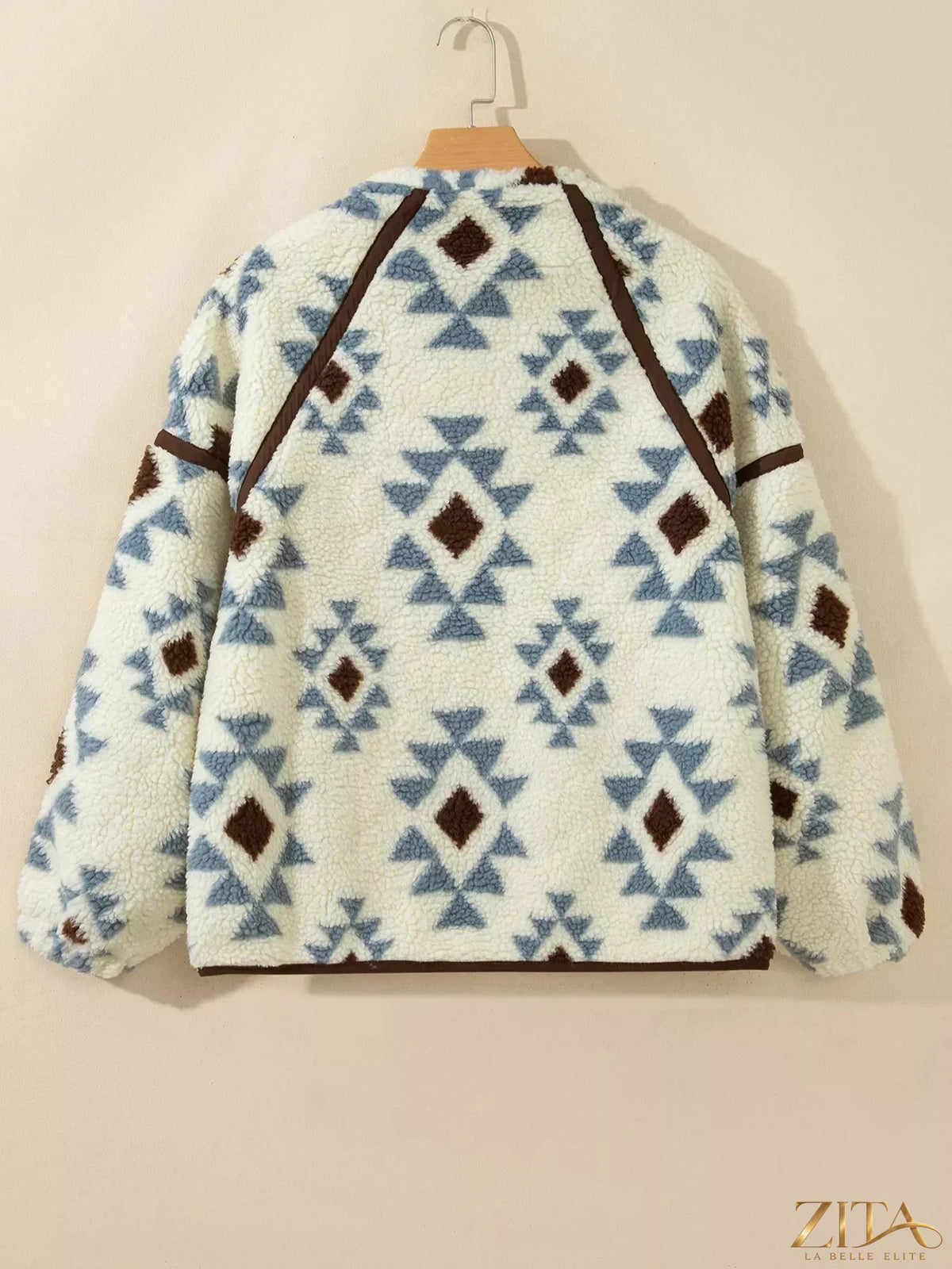 Zita La Belle Elite geometric print sherpa Western style long sleeve sweatshirt with cozy sherpa fabric and bold pattern details.