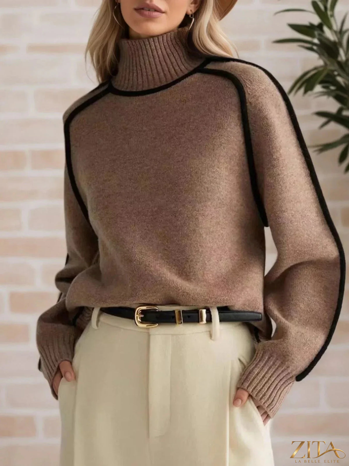 Zita La Belle Elite contrast trim turtleneck sweater featuring a cozy knit design with bold color accents.