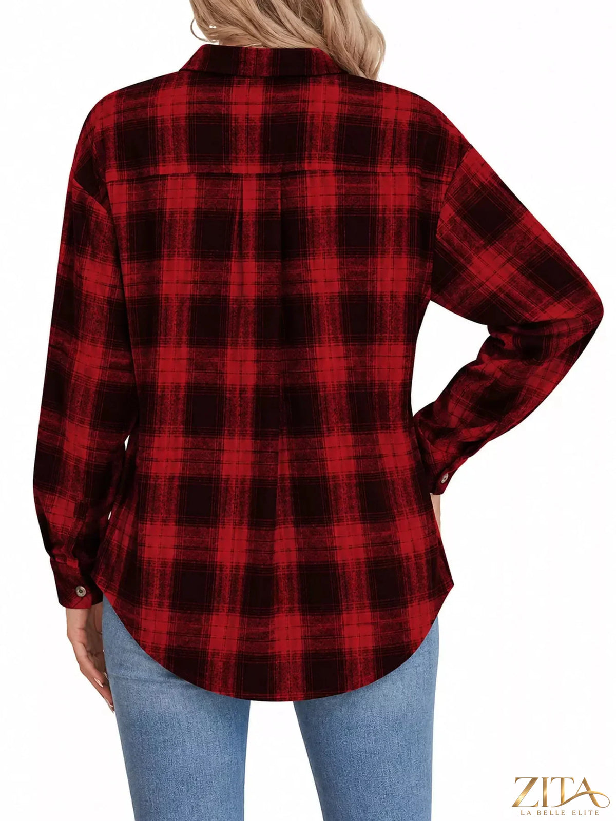 Zita La Belle Elite plaid oversized button-down shirt with a relaxed fit and classic collar, displayed on a hanger.