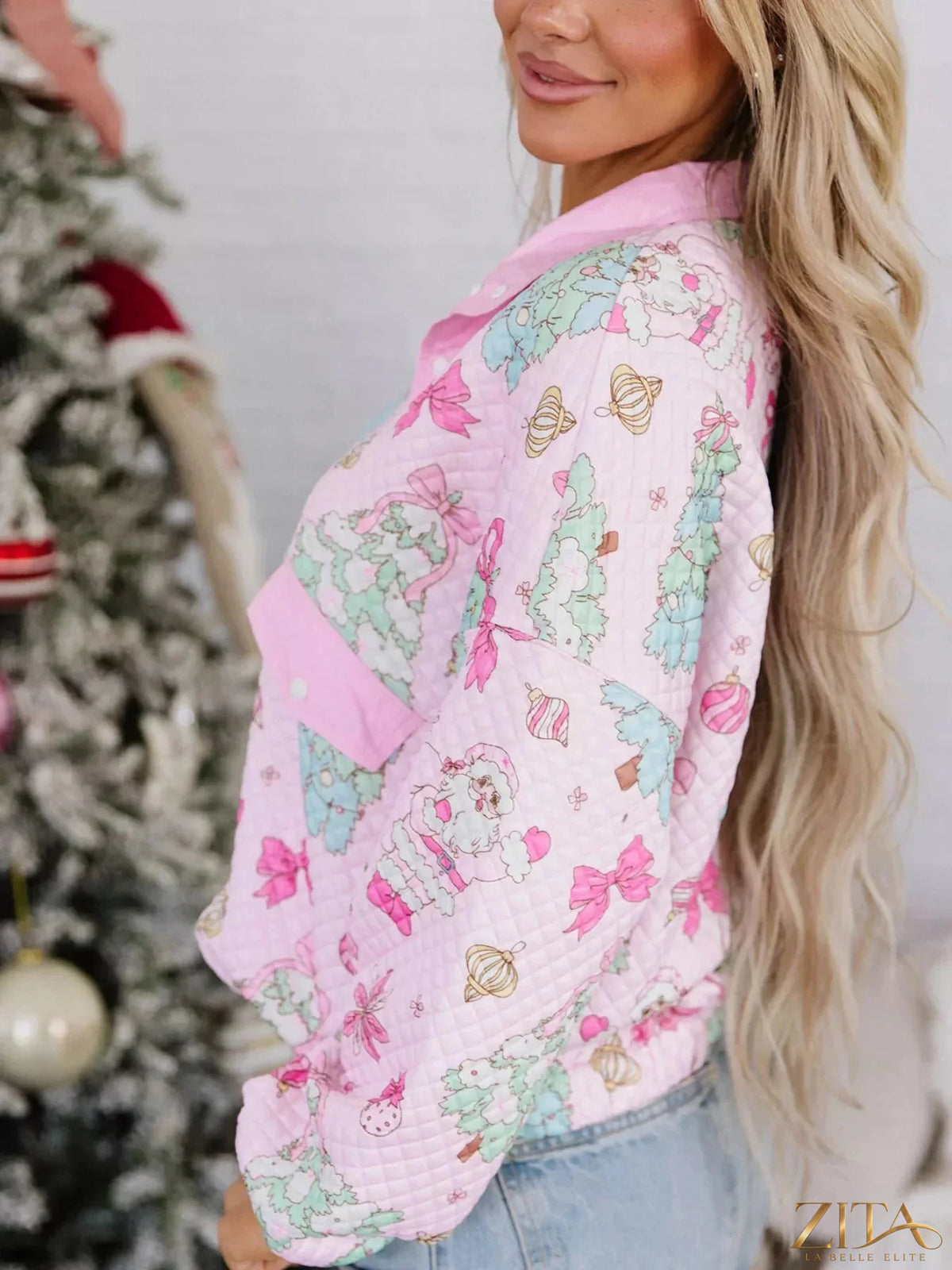 Zita La Belle Elite Christmas print collar loose sweatshirt with half-button design and festive holiday pattern.