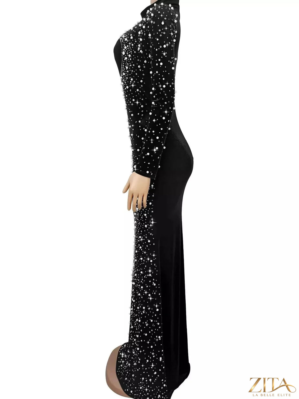 Velvet mermaid evening maxi dress with rhinestone embellishments by Zita La Belle Elite, featuring a fitted bodice and flowing skirt.